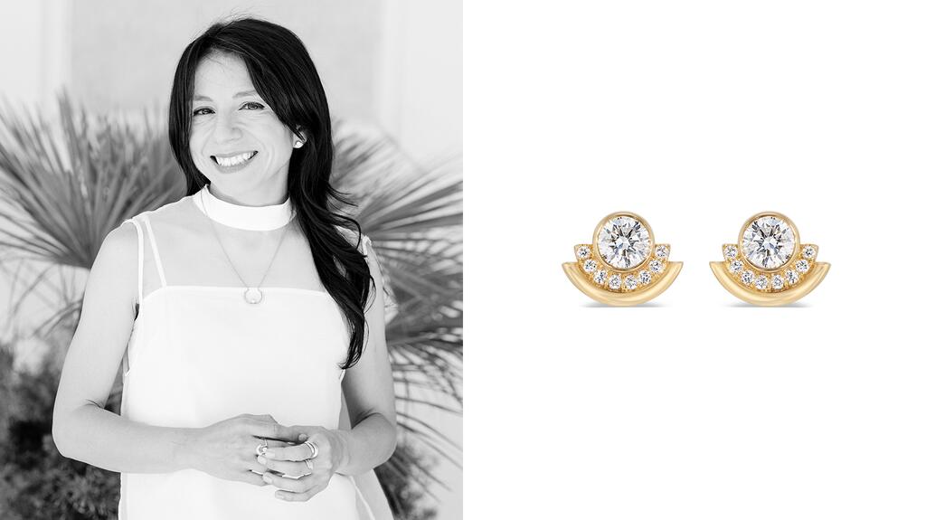 Designer Casey Perez and her diamond “Arc” stud earrings Casey Perez and her diamond Arc stud earrings
